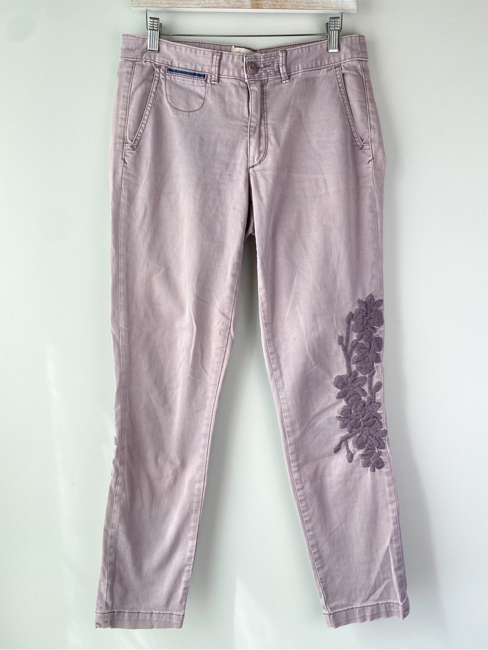 Chino By Anthropologie Relaxed Pants 27 Purple Embroidered Flower Boho